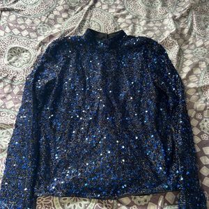 blue sequin turtle neck open back top